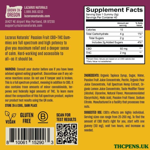 Lazarus-Naturals-CBD-THC-Gummies-Passion-Fruit-Full-Spectrum-40ct-80mg-THC-2000mg-CBD4.jpeg Lazarus Naturals, CBD + THC Gummies, Passion Fruit, Full Spectrum, 40ct, 80mg THC + 2000mg CBD